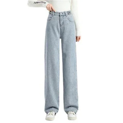 Thickened Fleece-lined Women's Jeans 2022 Winter New Style Slimming Versatile Loose-fit Straight-leg Bell Bottoms Trendy