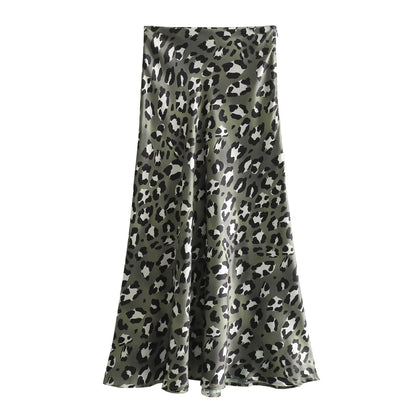 TRAFZA 2024 Women Fashion Leopard Print Skirt Vintage High Waist Midi Skirts Elegant Women Summer Casual Streetwear Skirt