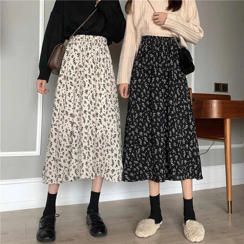 Vintage Floral Print A-line Pleated Long Skirts Summer Women 2024 Korean Skirt Streetwear Drawstring Elastic Waist Midi Skirt