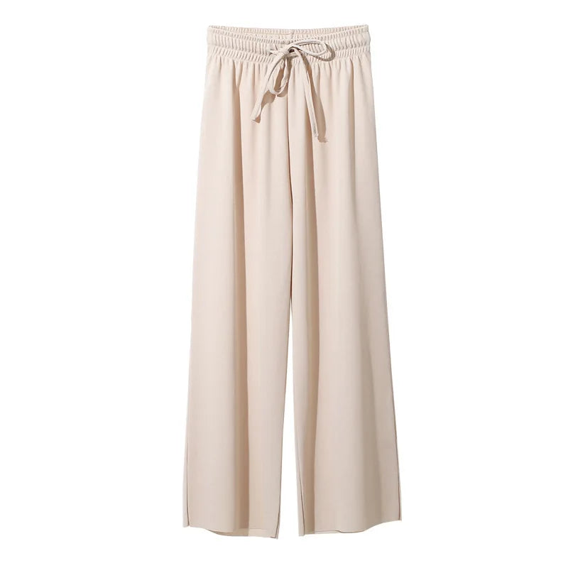 Women Ankle-Length Wide Leg Pants Casual Summer Solid Elastic Waist Loose Ice Silk Pants Spring Summer Female Trousers