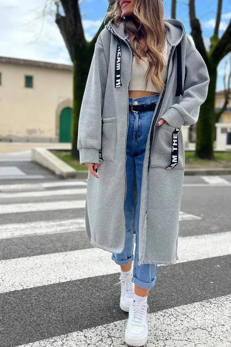 Cardigan Sweatshirt Women Hooded Long Coats Splice Casual Zipper Thick Coat Pocket Outwear Solid Jacket Autumn Winter 2024