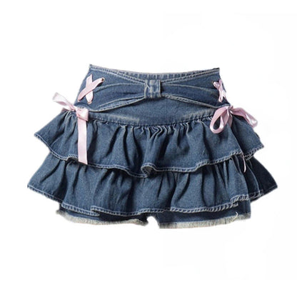 Mini Denim Skirts Women Hot Girls Sweet Kawaii Bow Vintage Y2k Clothes American Streetwear Sexy Summer A-line Мини Юбки Gothic