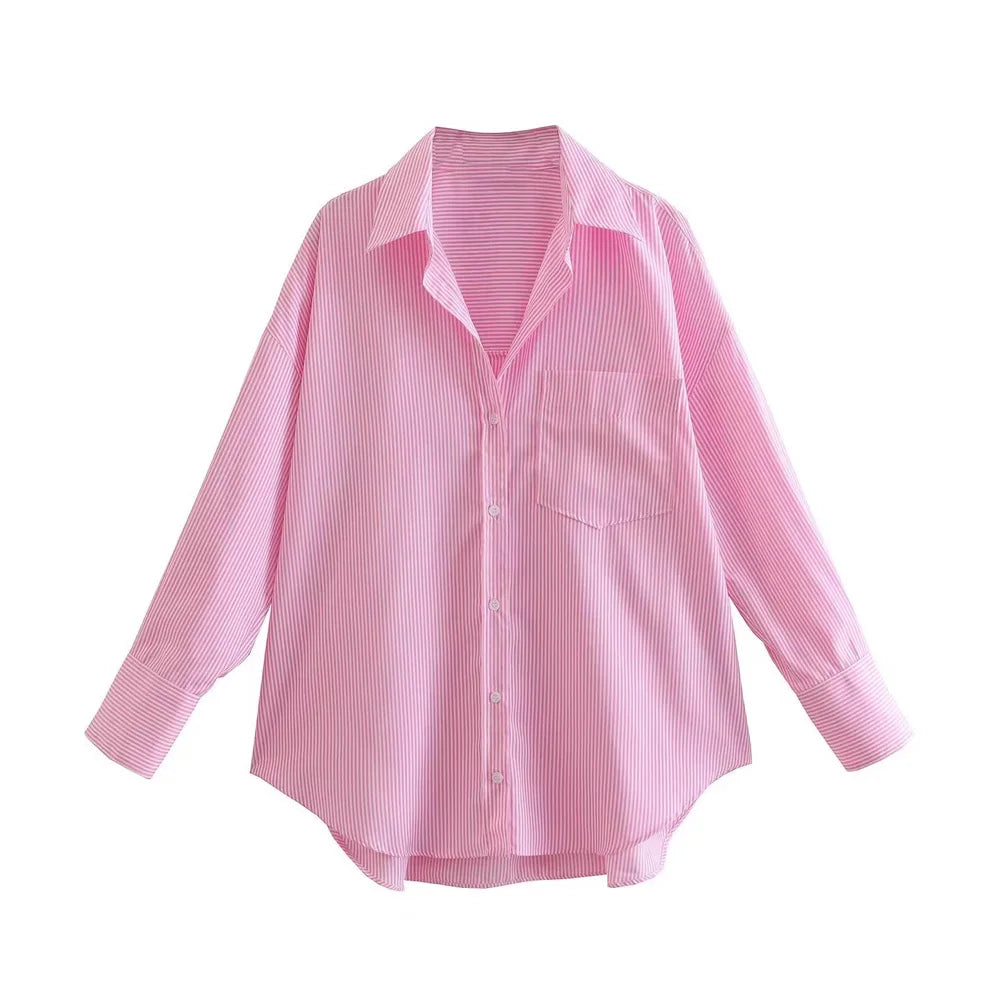 TRAF-Striped Loose Shirts With Pocket for Women, Long Sleeve, Button-up Blouses, Chic Tops, Female Fashion