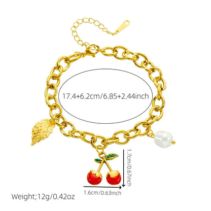 DIEYURO 316L Stainless Steell Golden Foliage Red Cherry Pearl Pendant Bracelet For Women New Fashion Hand Chain Jewelry Gift