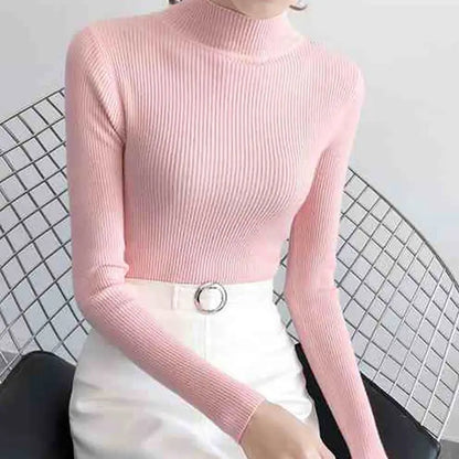 Autumn Winter Mock Neck Women Sweater Vintage Basic Solid Knitted Tops Casual Slim Pullover Korean Sweaters Simple Chic Jumpers