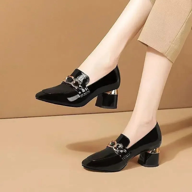 Square Heel Metal Chain Pumps Loafer Women Shoes Fashion Slip on Slipper Luxury Design Casual Mary Janes Shoes Spring Summer