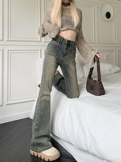 150 Petite girls wash made old micro flared jeans High waisted straight leg narrow version horseshoe pants xs show height