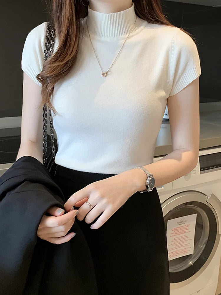 Casual Women Clothing Korean Knitted Women Top Blusas Mujer De Moda Spring Summer New Solid Slim Turtleneck Blouse Blusas 8622