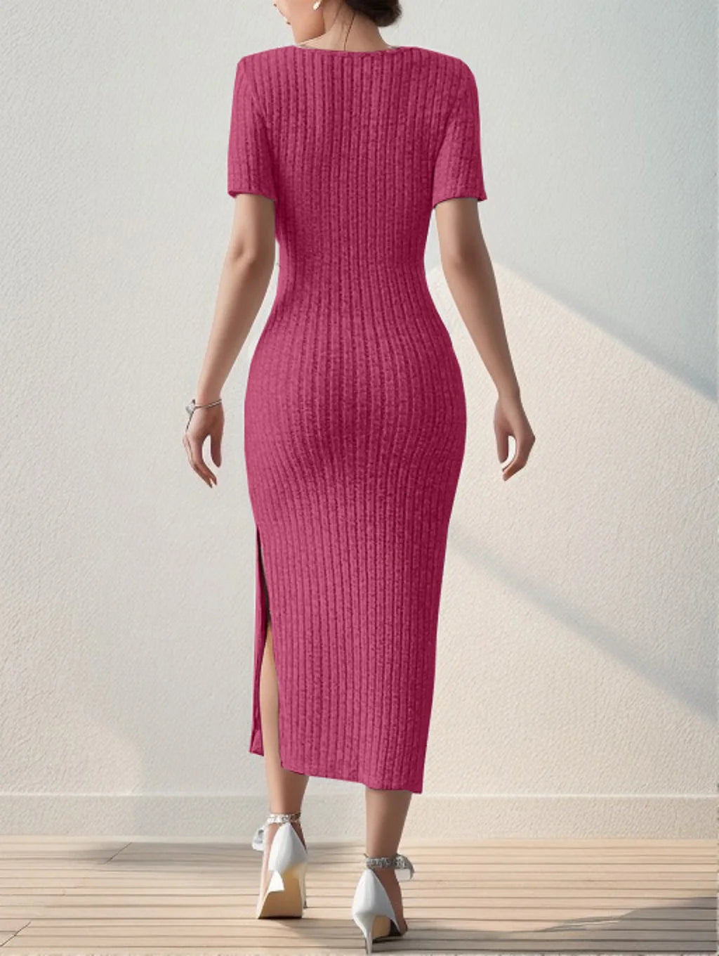 Summer Square Neck, Hip-Hugging Mid-Length Skirt, Short-Sleeved, Versatile Knitted Slit Dress