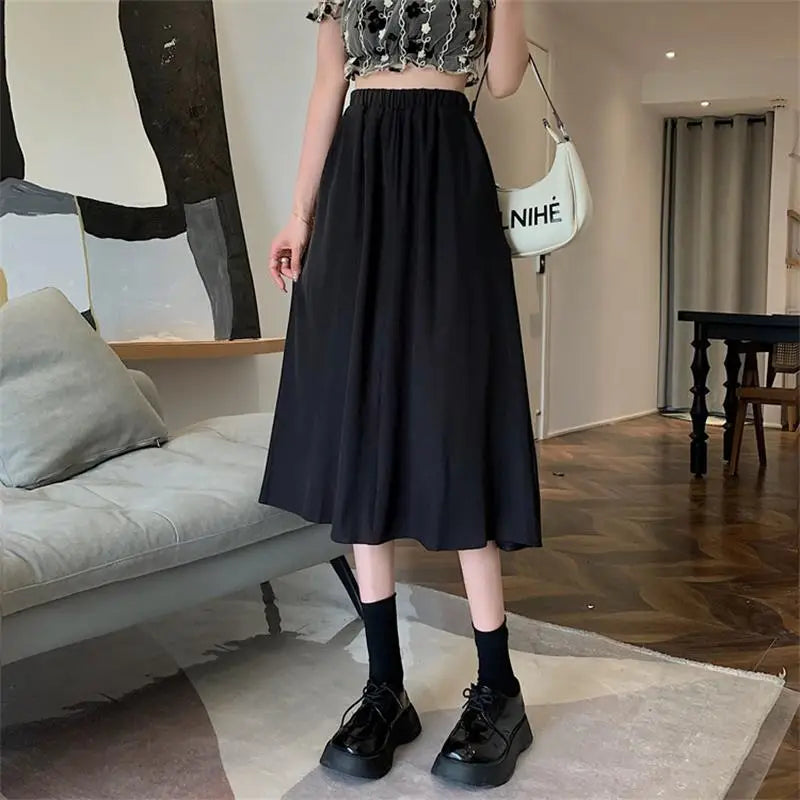 Vintage Floral Print A-line Pleated Long Skirts Summer Women 2024 Korean Skirt Streetwear Drawstring Elastic Waist Midi Skirt