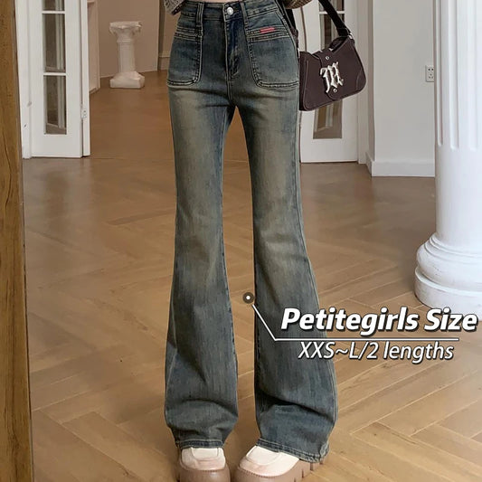 150 Petite girls wash made old micro flared jeans High waisted straight leg narrow version horseshoe pants xs show height