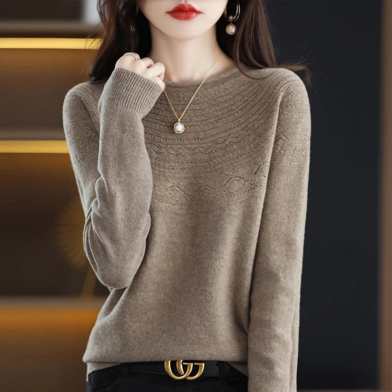 100% wool cashmere sweater women's sweater round neck hollow long sleeve pullover warm pullover in autumn and winter