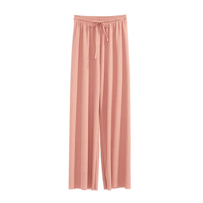 Women Ankle-Length Wide Leg Pants Casual Summer Solid Elastic Waist Loose Ice Silk Pants Spring Summer Female Trousers