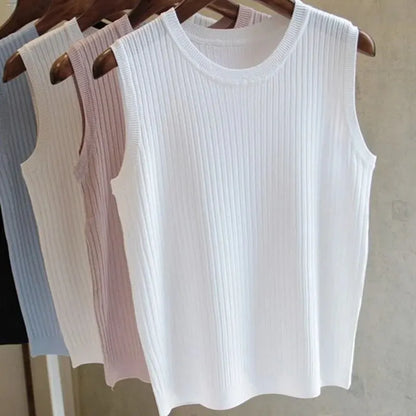 1pcs Summer New Fashion Knitted Vests O-neck Sleeveless Casual Thin Tops