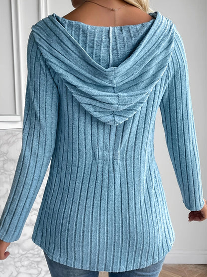 Solid Button Front Rib Knit Hoodie,Casual Long Sleeve Slim Sweatshirt, Women's Clothing