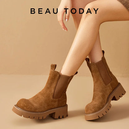 BEAUTODAY Ankle Boots Platform Women Cow Suede Chelsea Boots Round Toe Sewing Elastic Band Thick Sole Ladies Shoes 03D54