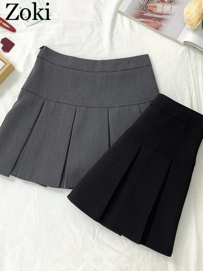 ZOKI  Vintage Gray Pleated Skirt Women Kawaii High Waist Mini Skirts Korean Fashion School Uniform Harajuku Streetwear Spring