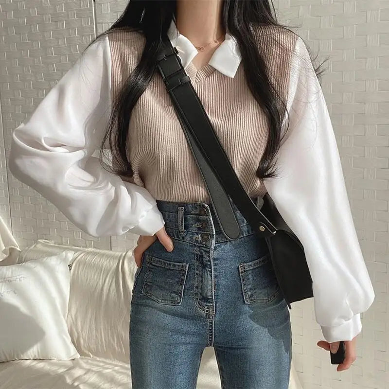 False Two-piece Polo Collar Women's Blouse Spring Casual Korean Shirt Y2k Tops Streetwear Loose Female Pullovers Elegant Blouses