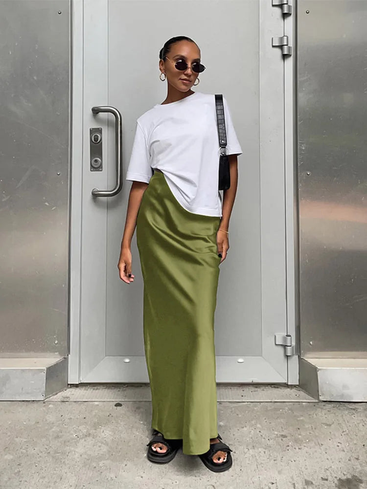 Elegant Satin Black Trumpet Skirts Fashion Slim High Waist Skirts Women Female 2024 Solid Office Long Skirt Spring Summer