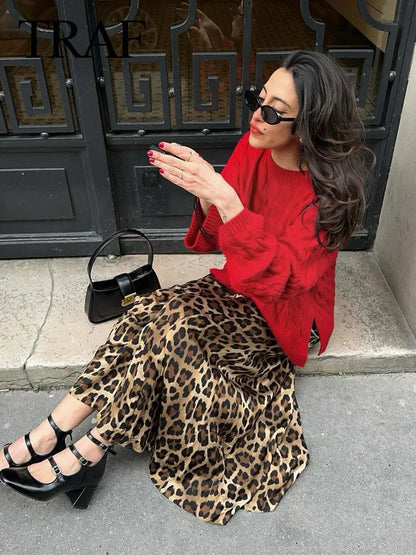 TRAF 2024 Vintage Women's Leopard Print Satin Skirt Female Summer High Waist Midi Skirt Woman Fashion Elegant Long Skirts