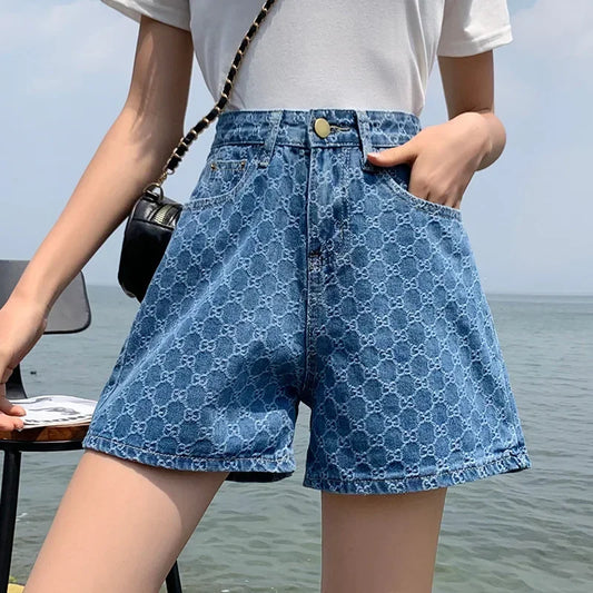 Women's Blue Denim Shorts 2024 Summer Fashion Korean Casual Wide-leg Shorts Ins Loose Printed Embroidery Denim A-line Shorts Y2K