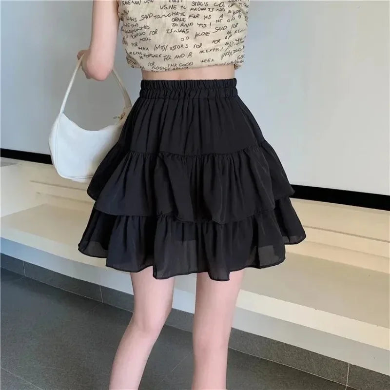 White Ruffles Mini Skirt Women Kawaii Elastic Waist A-line Loose Preppy Style Cute Short Pleated Skirt Korean Fashion