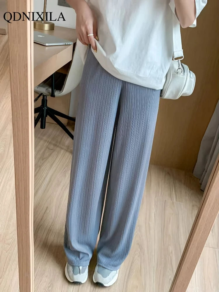 2024 Spring Summer Ice Silk Wide Leg Pants for Women Korean Thin Chiffon High Waist Saggy Loose Straight Casual Fashion Trousers