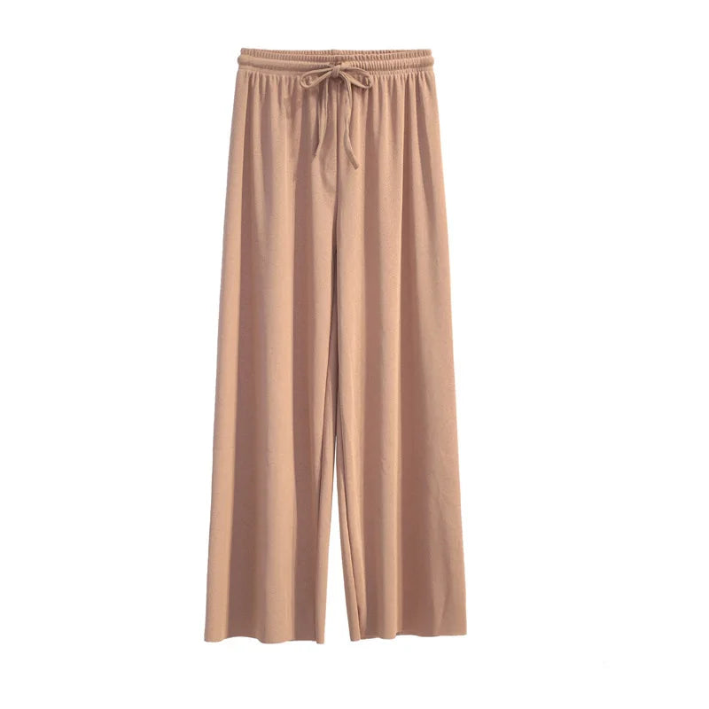 Women Ankle-Length Wide Leg Pants Casual Summer Solid Elastic Waist Loose Ice Silk Pants Spring Summer Female Trousers