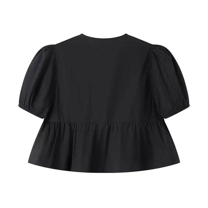 TRAF White Crop Top Women Black Ruffle Short Puff Sleeve Blouse Female Bow Tied Summer Blouses Woman 2024 Ruched Cute Tops