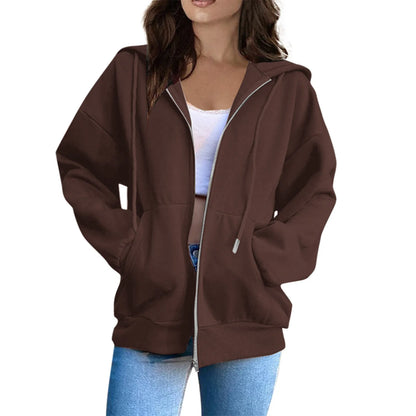 Women's Casual Fashion Solid Color Long Sleeved Zippered Hooded Sweatshirt