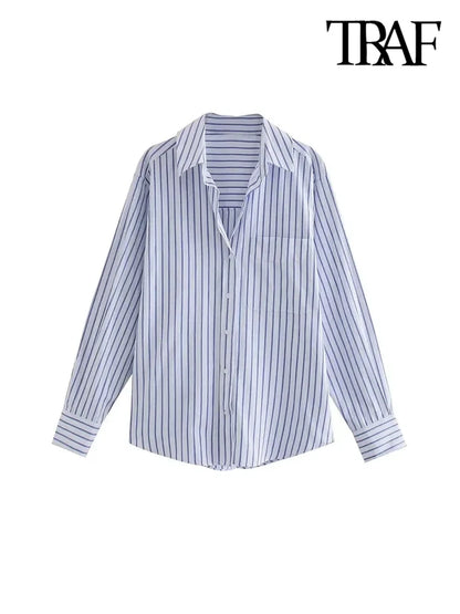 TRAF-Striped Loose Shirts With Pocket for Women, Long Sleeve, Button-up Blouses, Chic Tops, Female Fashion