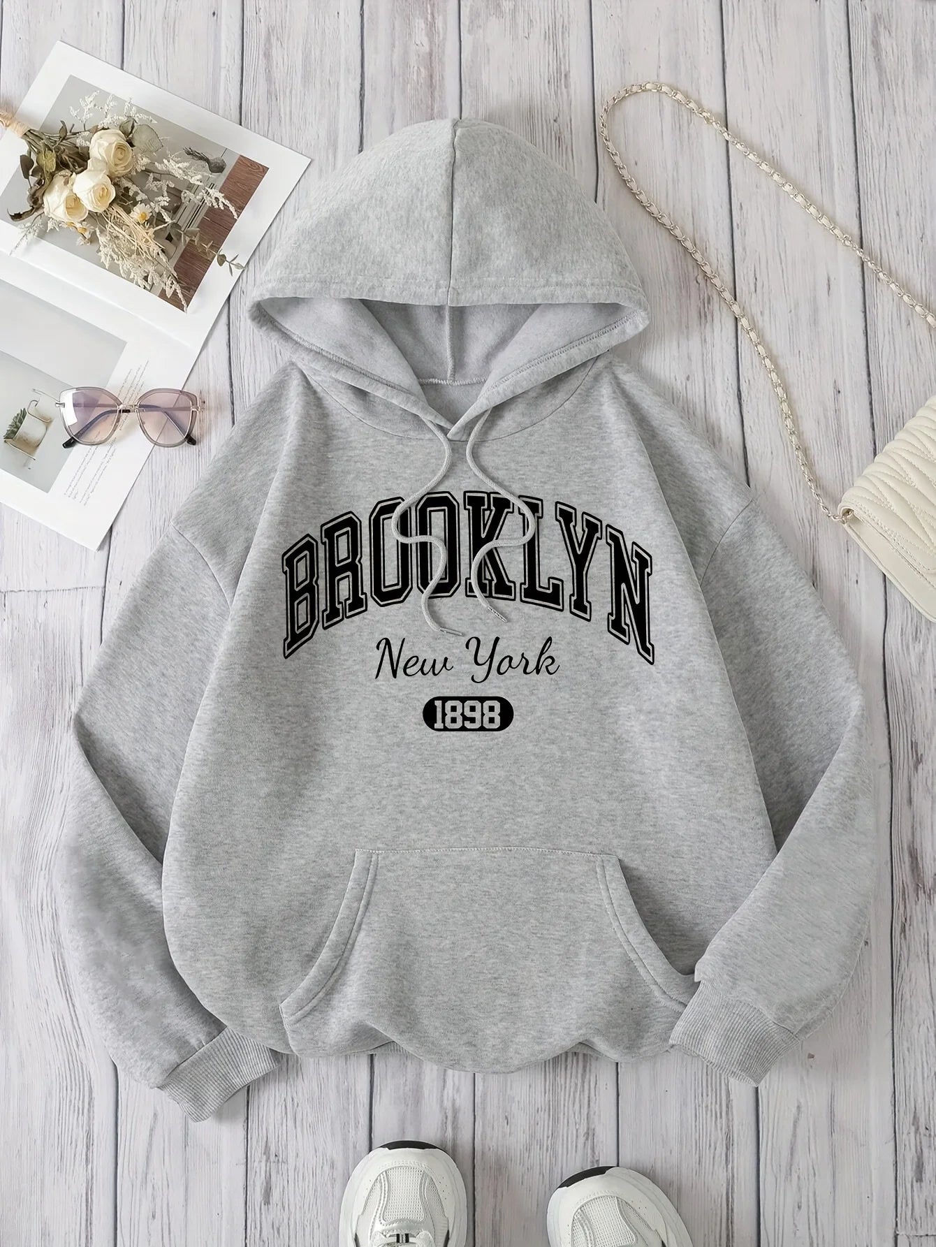 Brooklyn New York 1898 Hoodie Sweatshirt - Casual Polyester Hooded Pullover with Drawstring Alphabet Pattern