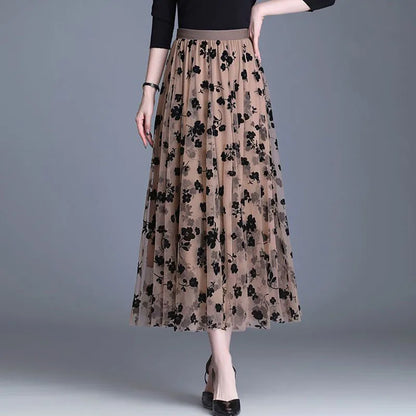 GIDYQ Korean Women Mesh Skirt Fashion Hook Flower Loose Midi Skirt Elegant Female Casual All Match Skirts Summer New