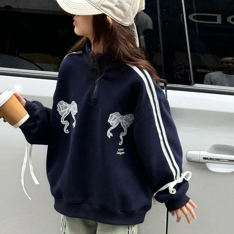 Sweet Bow Embroidery Sweatshirt American Striped Classic Sports Hoodies Jacket Winter Autumn Pullover Y2K Hip Hop Clothes Loose