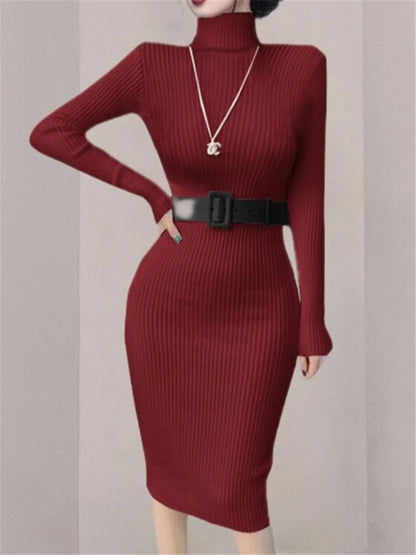 Seoulish Autumn Winter Turtleneck Women's Wrap Knitted Dresses with Belted Long Sleeve Sheath Knitwear Bodycon Dress Female 2023