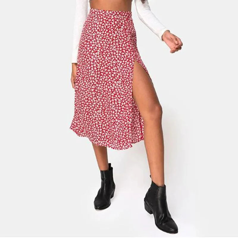 Jocoo Jolee Elegant Leopard Floral Printing Long Skirt Women Sexy High Waist Split Midi Skirts Office Lady Bodycon A Line Skirts