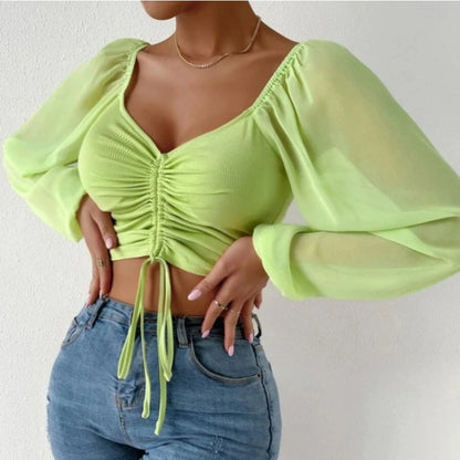 ALLUKASA Sexy Mesh Lantern Sleeves Drawstring Wrap Chest Bare Midriff T Shirt Women Long Sleeves Bottoming