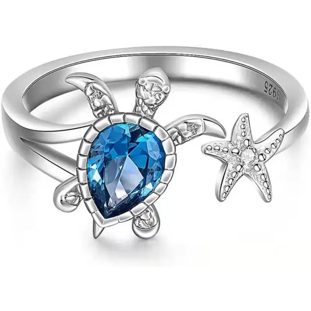 New Simple Niche Sea Turtle Starfish Ring Women's Blue Topaz Cute Ocean Animal Square Crystal Zircon Ring Party Gift Accessories