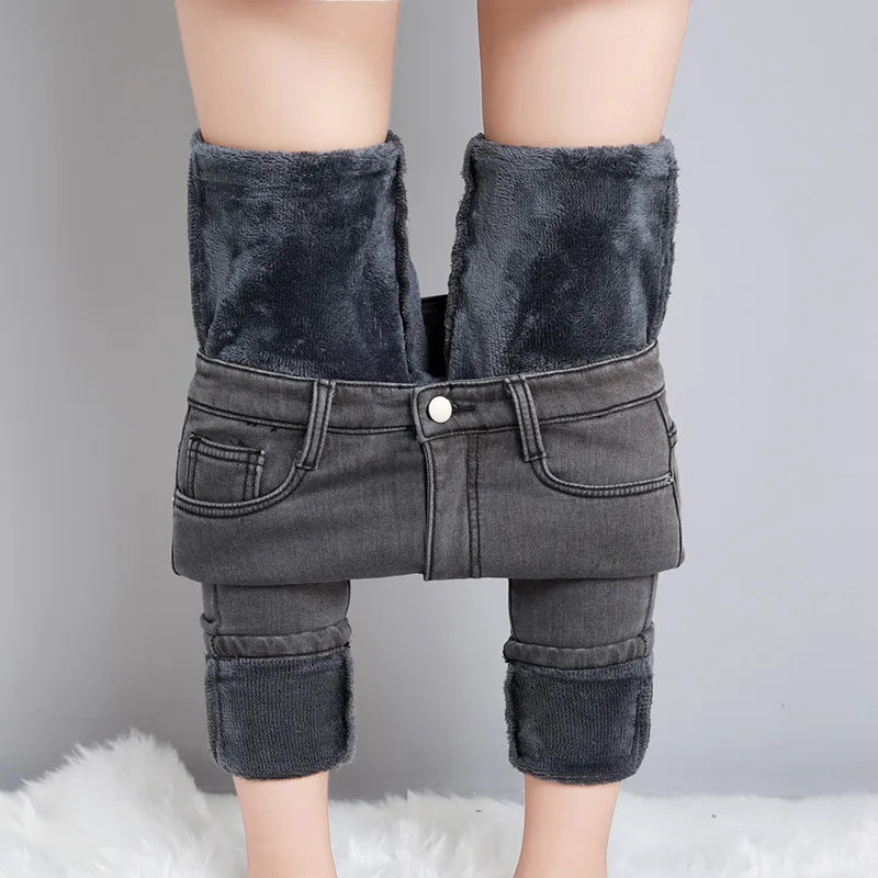 Women Thermal Jeans Winter Snow Warm Plush Stretch Jeans Lady Skinny Thicken Fleece Denim Long Pants Retro Blue Pencil Trousers