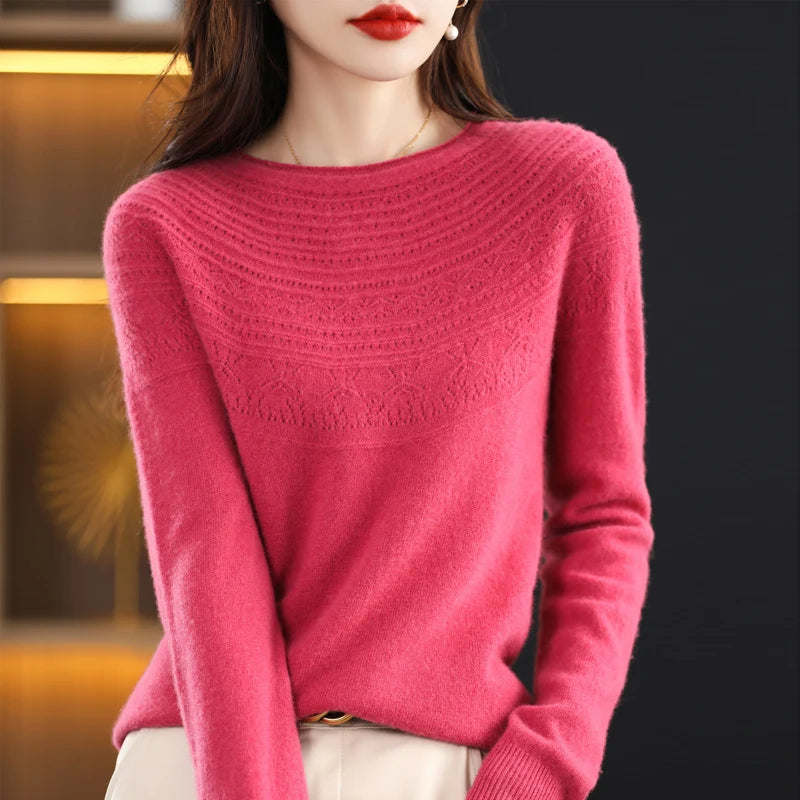 100% wool cashmere sweater women's sweater round neck hollow long sleeve pullover warm pullover in autumn and winter