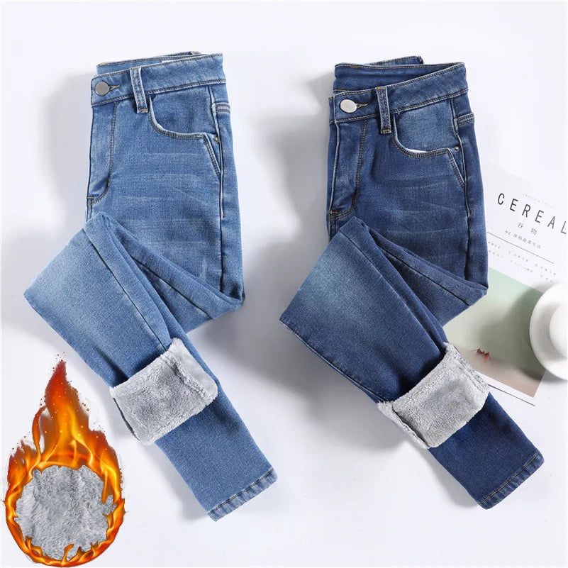 Women Thermal Jeans Winter Snow Warm Plush Stretch Jeans Lady Skinny Thicken Fleece Denim Long Pants Retro Blue Pencil Trousers