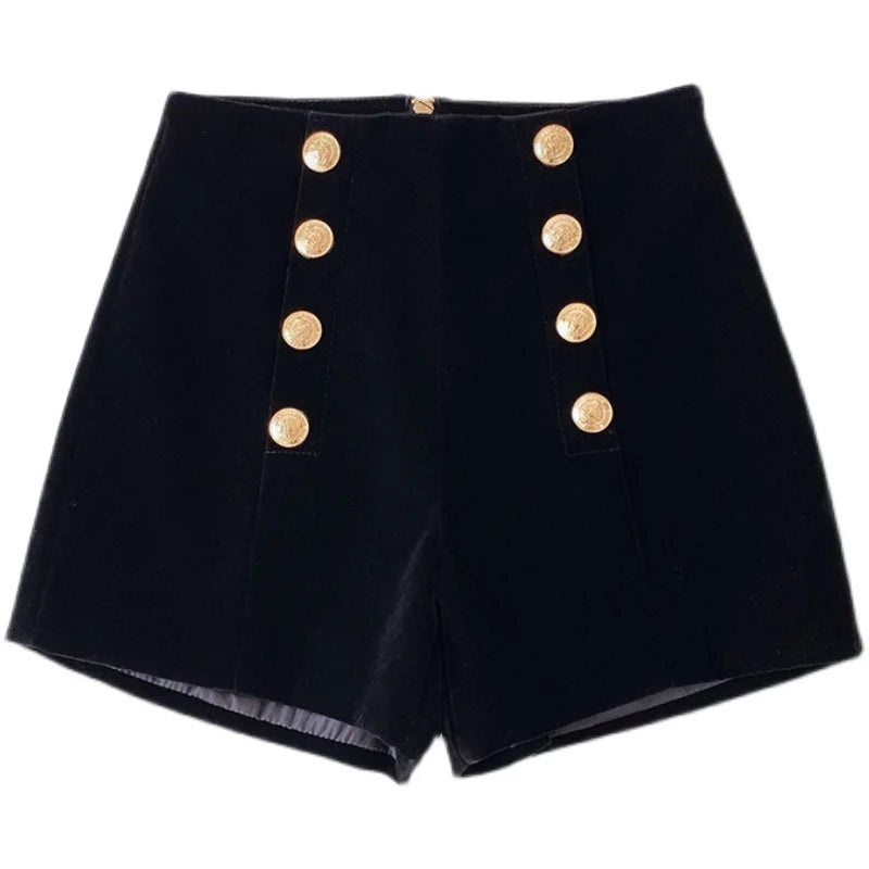 Velvet Black High Waist Slim Shorts Thicked Women's Winter New Korean Fashion Double-breasted Wide Leg Short Pants