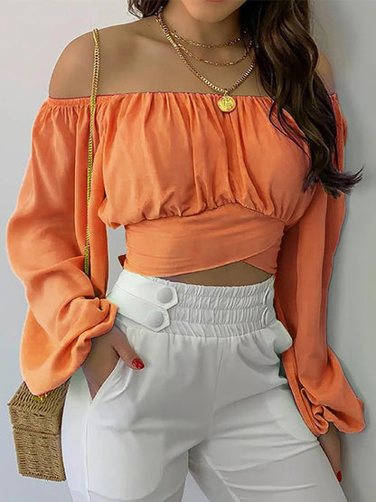 Women Sexy Off Shoulder Printing Blouses Chic and Elegant Lantern Long Sleeve Lace Up Bow Cropped Tops Casual Slim Shirts 2023