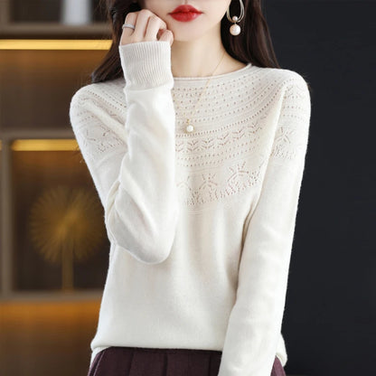 100% wool cashmere sweater women's sweater round neck hollow long sleeve pullover warm pullover in autumn and winter