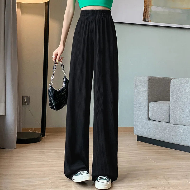 2024 Spring Summer Ice Silk Wide Leg Pants for Women Korean Thin Chiffon High Waist Saggy Loose Straight Casual Fashion Trousers