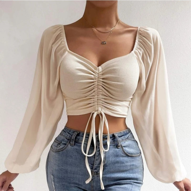 ALLUKASA Sexy Mesh Lantern Sleeves Drawstring Wrap Chest Bare Midriff T Shirt Women Long Sleeves Bottoming