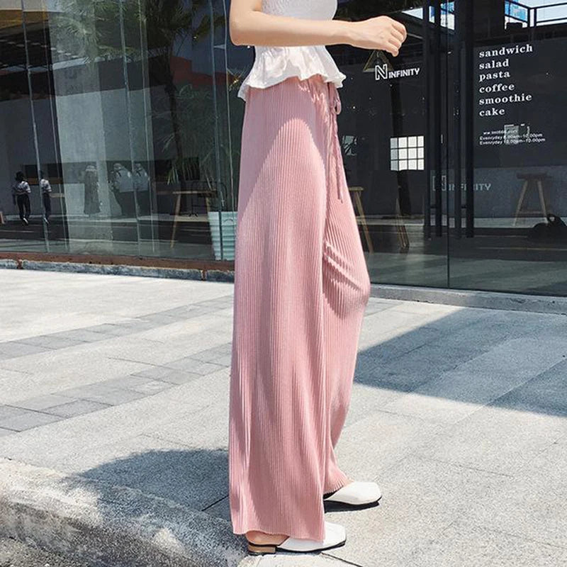 Women Fashion Summer Wide Leg Pants Pleated Ice Silk Trousers Elastic Waist Loose Casual Pants