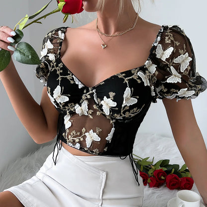 Yimunancy Puff Sleeve Crop Top Women Short Sleeve Mesh Patchwork Boho Spring Floral V Neck Tops