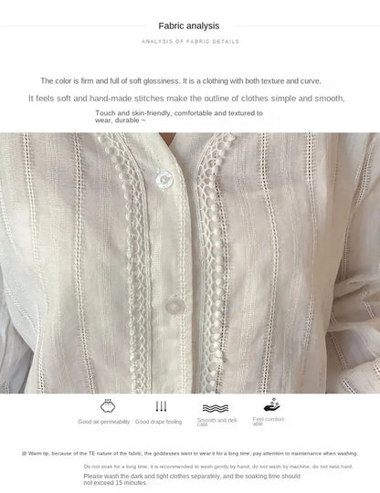 White Sweet V-neck Lace Long Sleeved Shirt With Bubble Sleeves Versatile Top Autumn Retro Sweet Single Breasted Women's Clothing