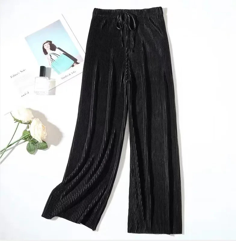 Spring And Summer New Pleated Wide-leg Pants High Waist Hanging Loose Casual Pants Chiffon Ice Silk Nine-minute Pants